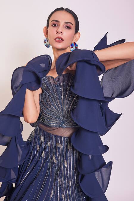 Shop_Onaya_Blue Georgette Hand Embellished Sequins Cutdana Cutwork Gown With Ruffle Stole_Online_at_Aza_Fashions