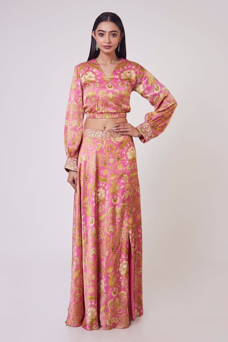 Onaya Pink Satin Printed Floral Motifs V Neck Skirt And Top Set  