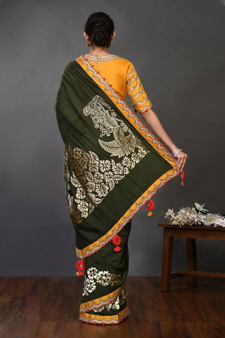 Onaya Green Handloom Saree With Blouse 2