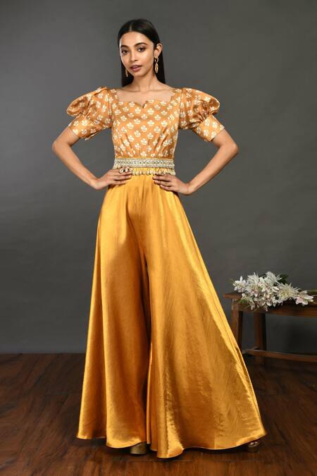Buy Onaya Yellow Satin Floral Print Jumpsuit Online Aza Fashion