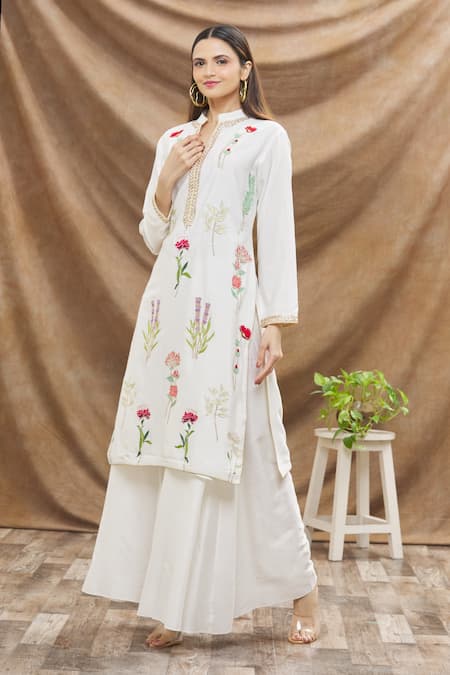 Aiman Ivory Cotton Silk Embroidery Thread Band Kurta And Palazzo Set  