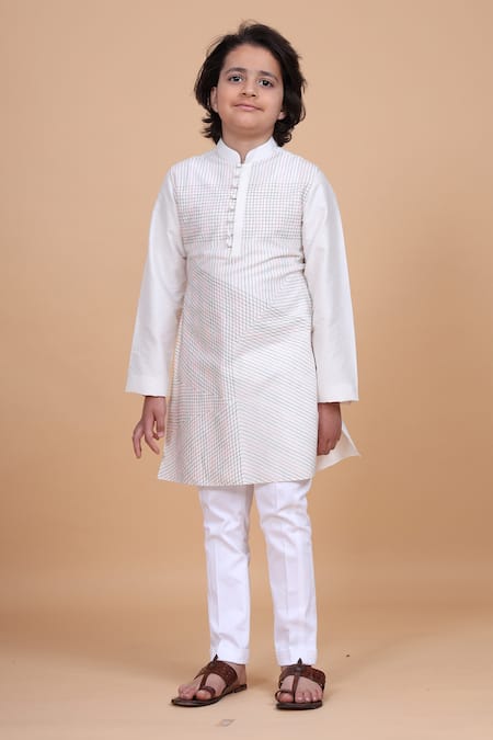 Raghavendra Rathore Blue Off White Cotton Silk Printed Checkered Kurta 