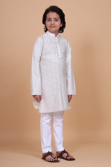 Raghavendra Rathore Blue_Off White Cotton, Silk Checkered Print Kurta _Online_at_Aza_Fashions