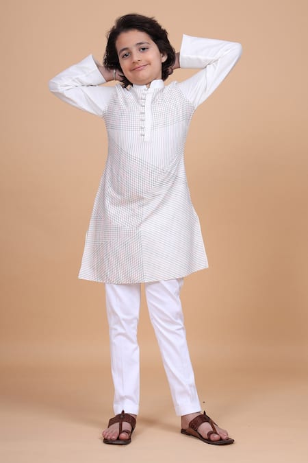 Buy_Raghavendra Rathore Blue_Off White Cotton, Silk Checkered Print Kurta _Online_at_Aza_Fashions
