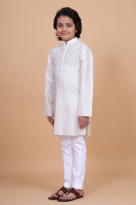 Shop_Raghavendra Rathore Blue_Off White Cotton, Silk Checkered Print Kurta _Online_at_Aza_Fashions