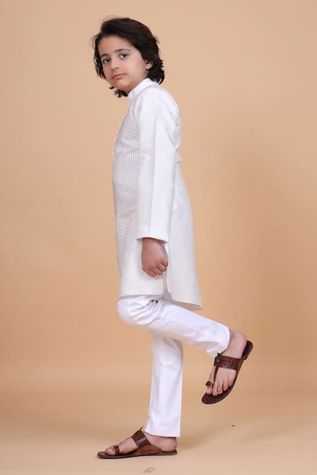 Raghavendra Rathore Blue_Off White Cotton, Silk Checkered Print Kurta _at_Aza_Fashions