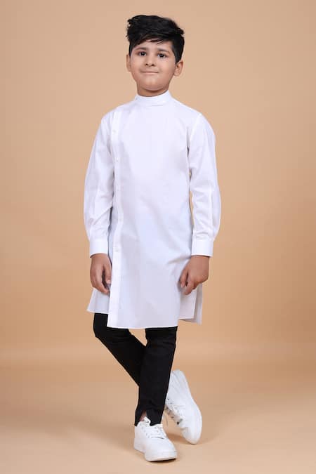 Raghavendra Rathore Blue White Cotton Plain Asymmetric Kurta 