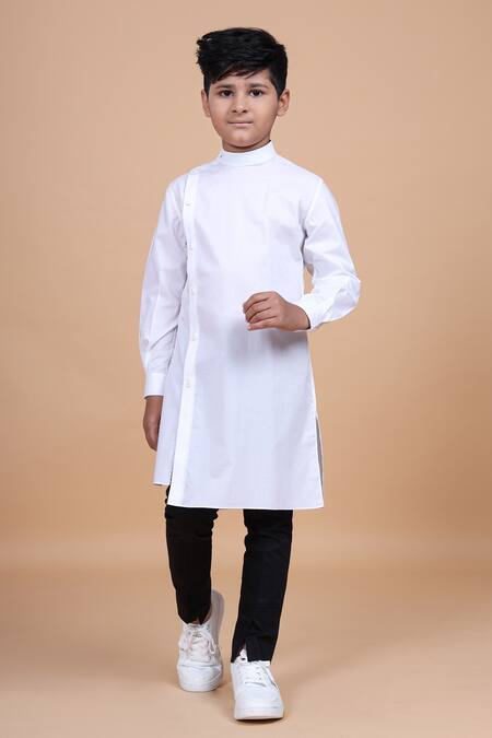 Raghavendra Rathore Blue_White Cotton Asymmetric Kurta _Online_at_Aza_Fashions
