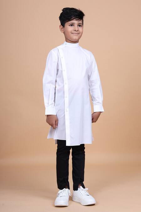 Shop_Raghavendra Rathore Blue_White Cotton Asymmetric Kurta _Online_at_Aza_Fashions