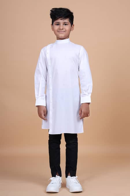 Raghavendra Rathore Blue_White Cotton Asymmetric Kurta _at_Aza_Fashions