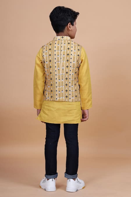 Shop_Raghavendra Rathore Blue_Yellow Cotton, Linen Kurta _at_Aza_Fashions