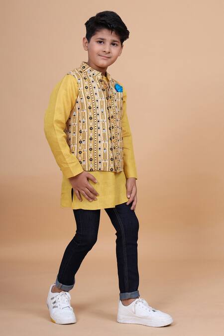 Raghavendra Rathore Blue_Yellow Cotton, Linen Kurta _Online_at_Aza_Fashions