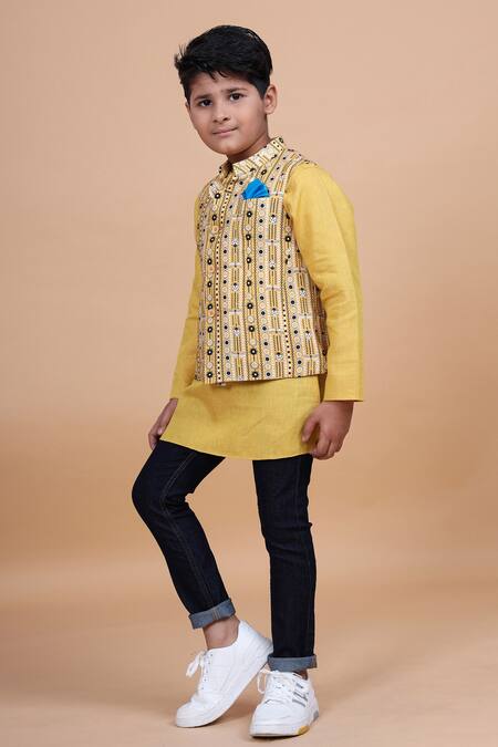 Buy_Raghavendra Rathore Blue_Yellow Cotton, Linen Kurta _Online_at_Aza_Fashions