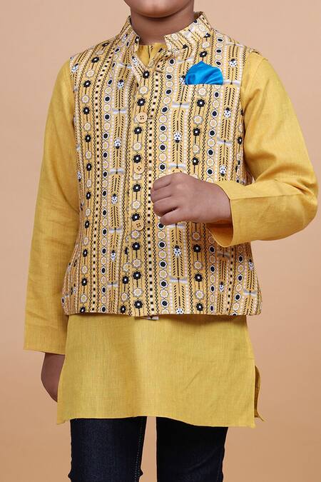 Raghavendra Rathore Blue Yellow Cotton, Linen Kurta at Aza Fashions Raghavendra Rathore Blue_Yellow Cotton, Linen Kurta _at_Aza_Fashions