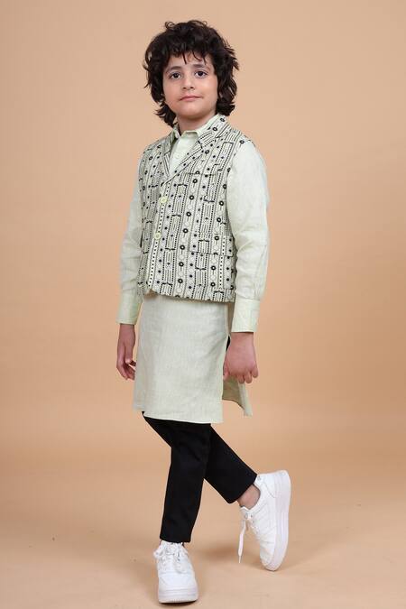 Raghavendra Rathore Blue_Beige Linen, Silk Cotton Printed Bundi _Online_at_Aza_Fashions