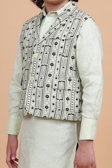 Buy_Raghavendra Rathore Blue_Beige Linen, Silk Cotton Printed Bundi _Online_at_Aza_Fashions