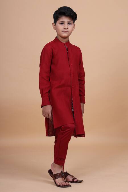 Raghavendra Rathore Blue_Red Cotton, Linen Shirt Style Kurta _Online_at_Aza_Fashions