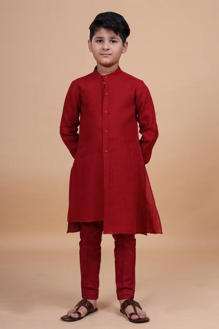 Buy_Raghavendra Rathore Blue_Red Cotton, Linen Shirt Style Kurta _Online_at_Aza_Fashions