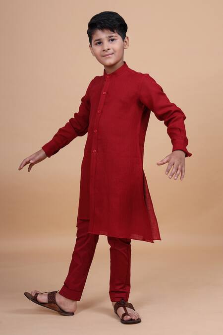 Shop_Raghavendra Rathore Blue_Red Cotton, Linen Shirt Style Kurta _Online_at_Aza_Fashions