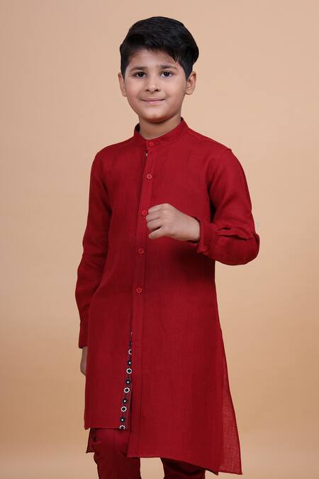 Raghavendra Rathore Blue_Red Cotton, Linen Shirt Style Kurta _at_Aza_Fashions