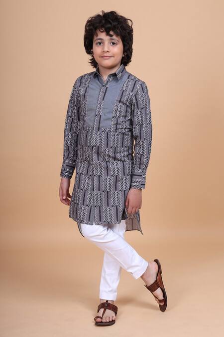 Raghavendra Rathore Blue_Grey Cotton Printed Kurta _Online_at_Aza_Fashions