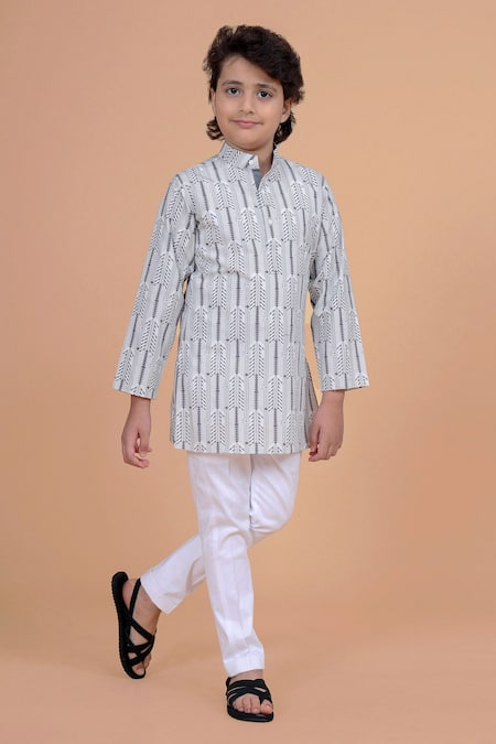 Shop_Raghavendra Rathore Blue_Grey Cotton Printed Kurta _at_Aza_Fashions