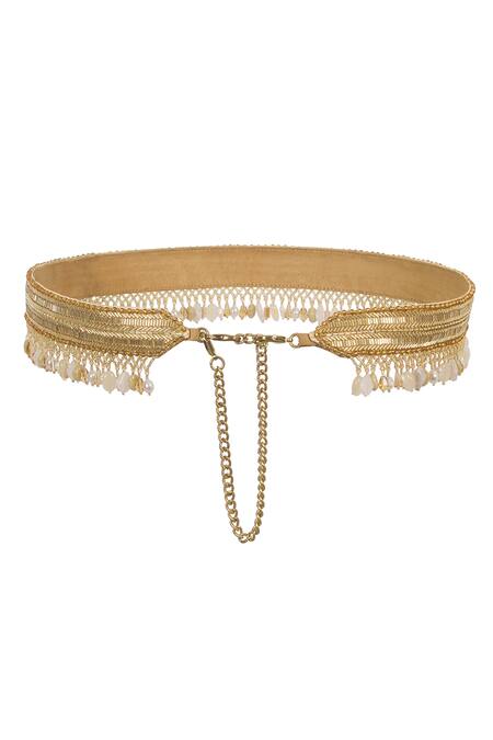 Lovetobag_Gold Crystals, Pearls, Beads Noori Embellished Belt _Online_at_Aza_Fashions