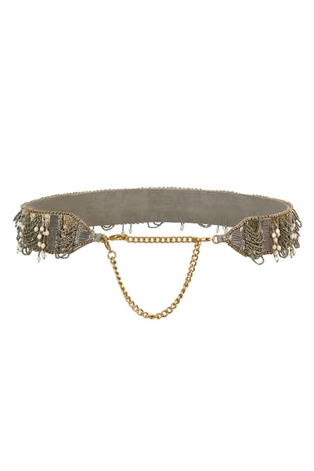 Lovetobag Gold Luminous Japanese Micro Bead And Baroque Pearl Embellishment Ruche Belt Online at Aza Fashions Lovetobag_Gold Luminous Japanese Micro Bead And Baroque Pearl Embellishment Ruche Belt _Online_at_Aza_Fashions