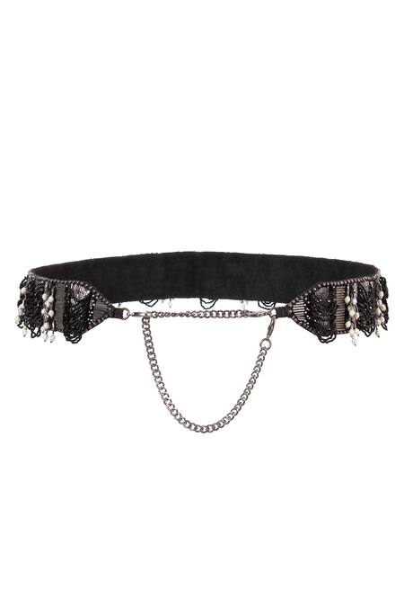 Lovetobag Black Luminous Japanese Micro Bead And Baroque Pearl Embellishment Ruche Belt Online at Aza Fashions Lovetobag_Black Luminous Japanese Micro Bead And Baroque Pearl Embellishment Ruche Belt _Online_at_Aza_Fashions