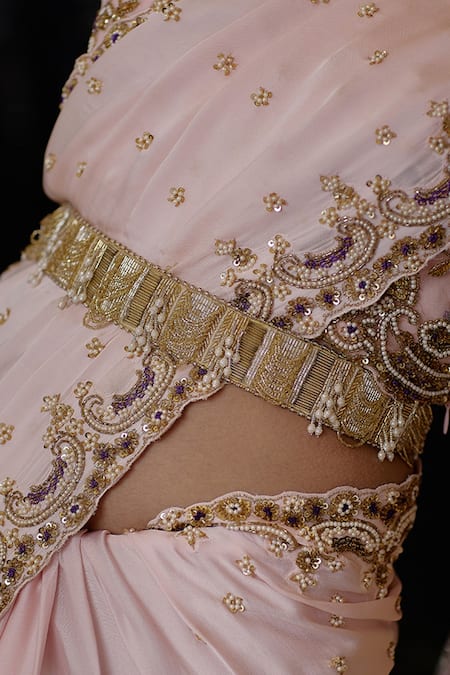 Shop Lovetobag Gold Luminous Japanese Micro Bead And Baroque Pearl Embellishment Ruche Belt at Aza Fashions Shop_Lovetobag_Gold Luminous Japanese Micro Bead And Baroque Pearl Embellishment Ruche Belt _at_Aza_Fashions