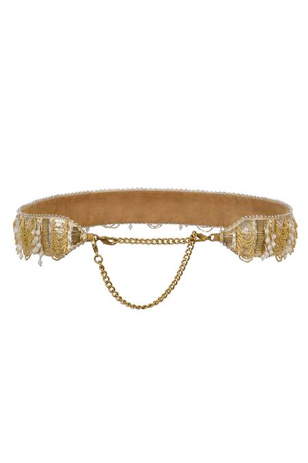 Lovetobag Gold Luminous Japanese Micro Bead And Baroque Pearl Embellishment Ruche Belt Online at Aza Fashions Lovetobag_Gold Luminous Japanese Micro Bead And Baroque Pearl Embellishment Ruche Belt _Online_at_Aza_Fashions