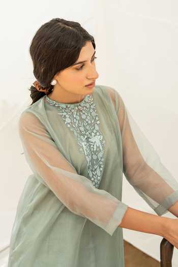 Shop_Avaasya Jaipur_Green Kurta- Organza, Pants- Muslin Silk, Slip- Mulmul Embroidered And Set _Online_at_Aza_Fashions