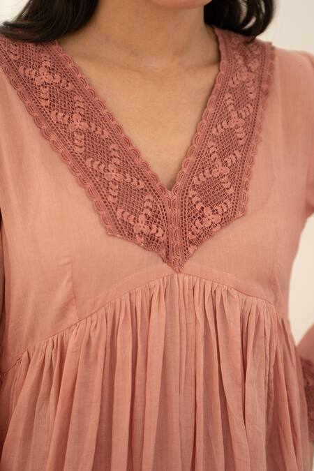 Shop_Avaasya Jaipur_Pink Kurta- Mul , Pants- Floral V Neck Embroidered Anarkali And Set _Online_at_Aza_Fashions