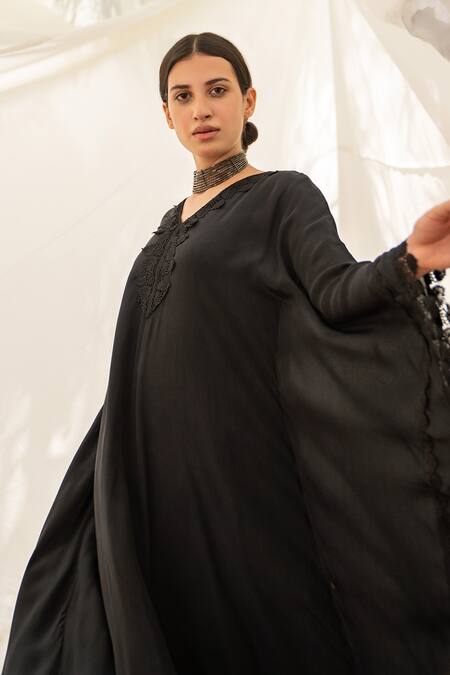 Shop_Avaasya Jaipur_Black Kaftan- Crepe, Slip- Mulmul Floral V Neck Embroidered_Online_at_Aza_Fashions