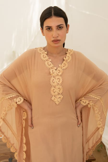 Avaasya Jaipur_Beige Kaftan- Crepe, Slip- Mulmul Floral V Neck Embroidered _Online_at_Aza_Fashions