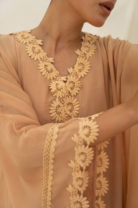 Buy_Avaasya Jaipur_Beige Kaftan- Crepe, Slip- Mulmul Floral V Neck Embroidered _Online_at_Aza_Fashions
