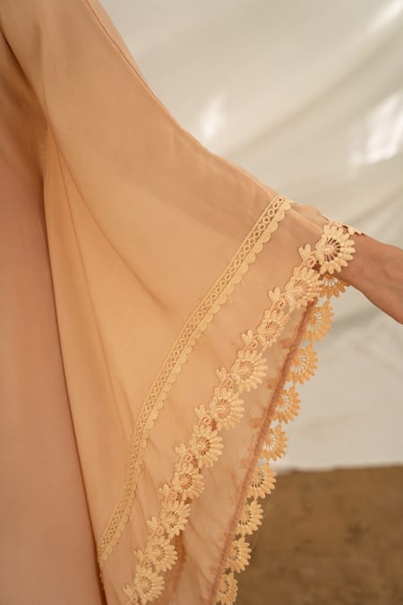 Shop_Avaasya Jaipur_Beige Kaftan- Crepe, Slip- Mulmul Floral V Neck Embroidered _Online_at_Aza_Fashions