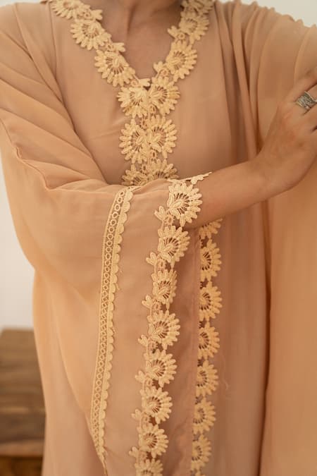 Avaasya Jaipur_Beige Kaftan- Crepe, Slip- Mulmul Floral V Neck Embroidered _at_Aza_Fashions