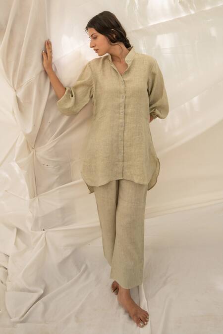 Avaasya Jaipur_Green Handloom Linen Plain Mandarin Collar Tunic And Pant Set_Online_at_Aza_Fashions
