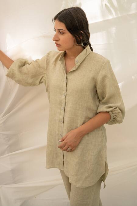 Buy_Avaasya Jaipur_Green Handloom Linen Plain Mandarin Collar Tunic And Pant Set_Online_at_Aza_Fashions