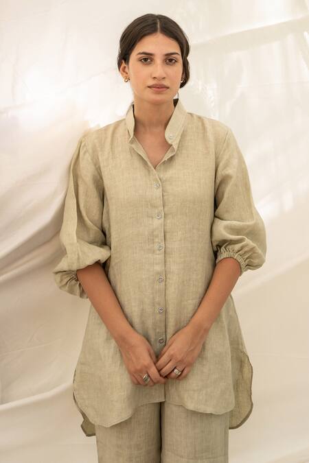 Shop_Avaasya Jaipur_Green Handloom Linen Plain Mandarin Collar Tunic And Pant Set_Online_at_Aza_Fashions