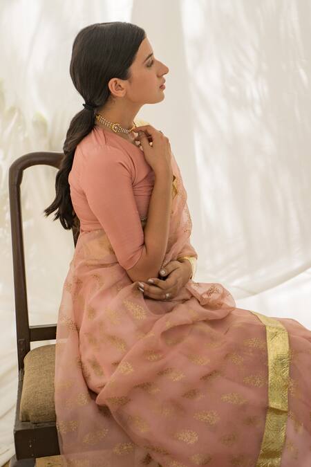 Buy_Avaasya Jaipur_Pink Saree- Organza, Unstitched Blouse- Summer Floral Print_Online_at_Aza_Fashions