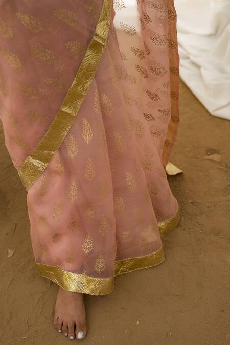 Shop_Avaasya Jaipur_Pink Saree- Organza, Unstitched Blouse- Summer Floral Print_Online_at_Aza_Fashions