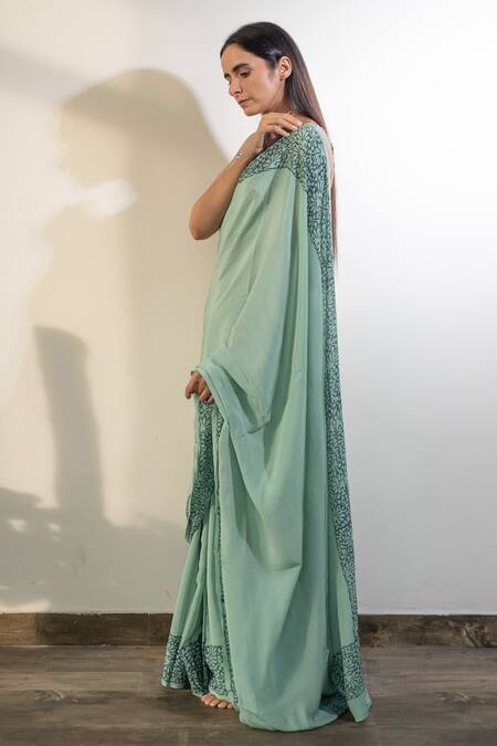 Buy_Avaasya Jaipur_Blue Sareeitalian Georgette Unstitched Blouse Print Border Saree _Online_at_Aza_Fashions