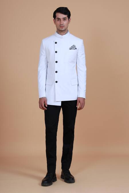 Raghavendra Rathore Blue_White Suiting Plain Overlap Bandhgala _Online_at_Aza_Fashions