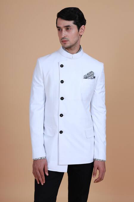 Buy_Raghavendra Rathore Blue_White Suiting Plain Overlap Bandhgala _Online_at_Aza_Fashions