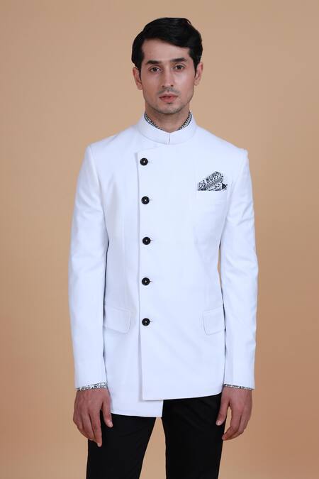 Shop_Raghavendra Rathore Blue_White Suiting Plain Overlap Bandhgala _Online_at_Aza_Fashions