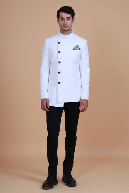 Raghavendra Rathore Blue_White Cotton, Suiting Plain Overlap Bandhgala Set _Online_at_Aza_Fashions