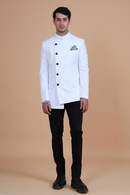 Buy_Raghavendra Rathore Blue_White Cotton, Suiting Plain Overlap Bandhgala Set _Online_at_Aza_Fashions