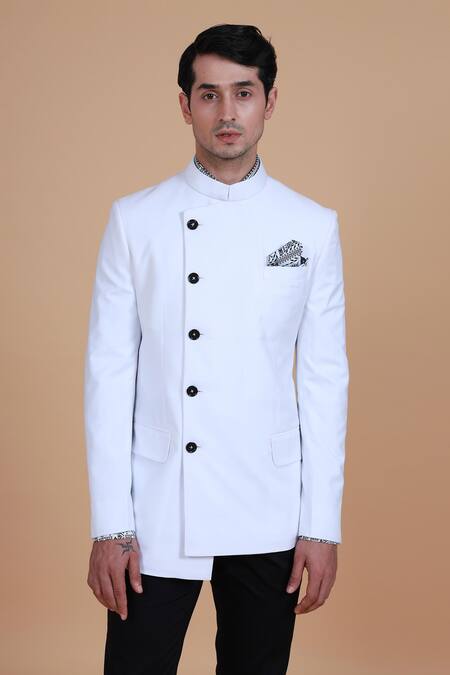 Shop_Raghavendra Rathore Blue_White Cotton, Suiting Plain Overlap Bandhgala Set _Online_at_Aza_Fashions